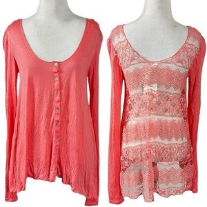 Free People Easy Breezy Jersey Lace Back Tee in Hot Peach Size XS NWT Oversized
